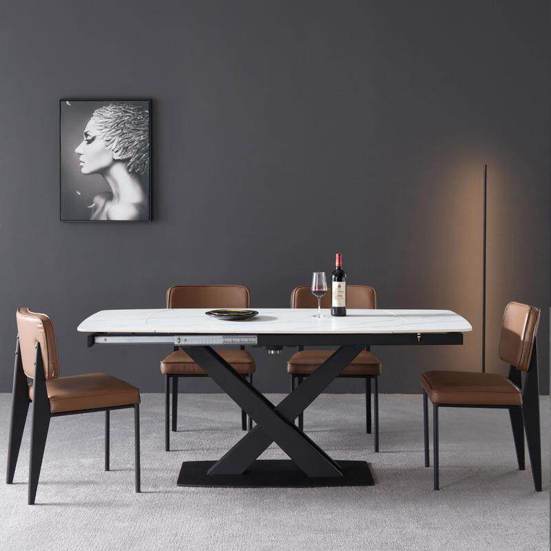 极简家用多功能岩板餐桌可拉伸小户型餐台现代简约碳素钢吃饭桌