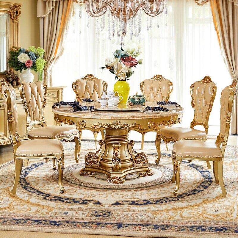 欧式大理石餐桌全实木餐桌椅组合客厅高端大圆桌香槟金色饭桌家用