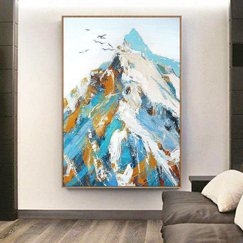 手绘大幅油画雪山风景客厅玄关过道装饰画新中式背景书房走廊挂画