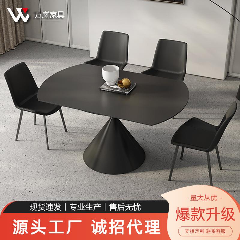 黑色伸缩岩板餐桌旋转可变圆桌现代简约家用小户型方圆两用饭桌