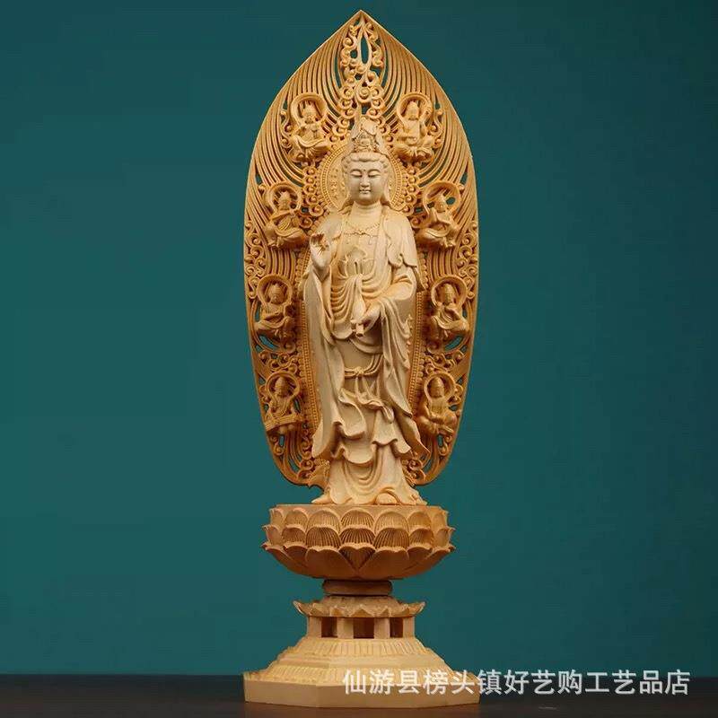 桧木雕刻西方三圣摆件实木 阿弥陀佛观世音大势至菩萨像家居装饰