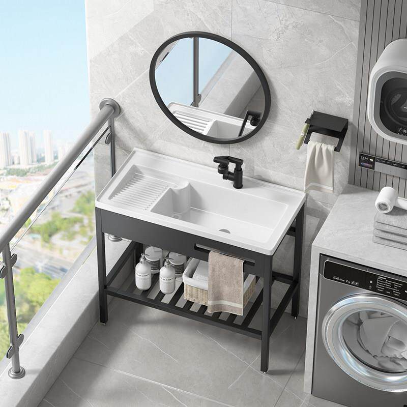 免打孔阳台落地式洗衣盆带搓衣板不锈钢支架一体陶瓷盆家用洗手池