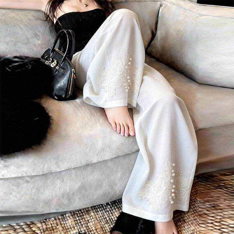 潮牌白色绣花休闲阔腿裤子女时尚新款宽松慵懒垂坠高级感直筒长裤