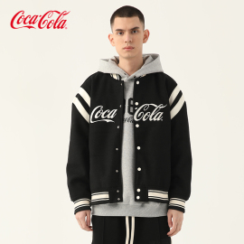 coca-cola可口可乐美式棒球，服男毛呢拼接春秋情侣，夹克立领外套