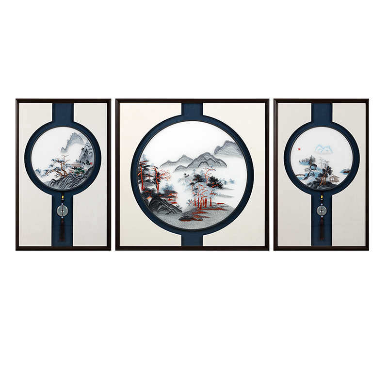 客厅沙发背景墙装饰挂画餐厅大气刺绣三联画简约新中式苏绣