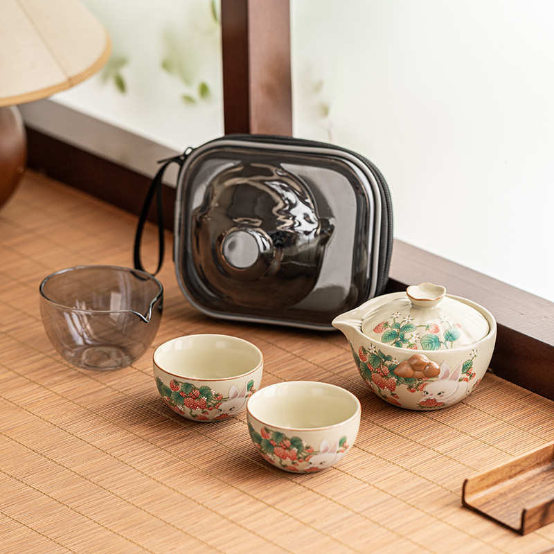 开汝窑茶具旅行露营片可户外客便携式茶杯陶瓷快兔套装草莓茶壶杯