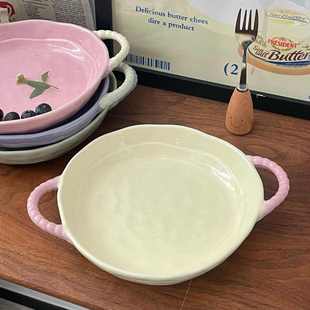 ins高颜值盘子家用菜盘可爱奶油风陶瓷餐盘早餐双耳盘水果沙拉盘