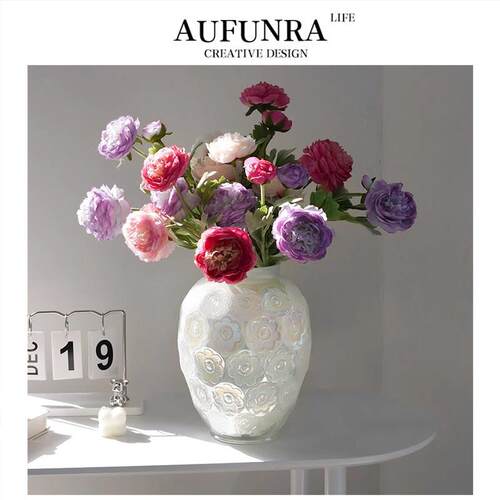 AUFUNRA百合法式浮雕花瓶艺术水晶玻璃客厅插花摆件装饰高级感