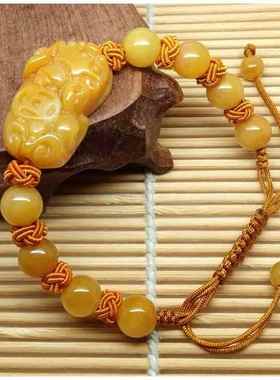 天然黄玉貔貅手链男女款情侣复古民族风饰品手串手工编绳可调节