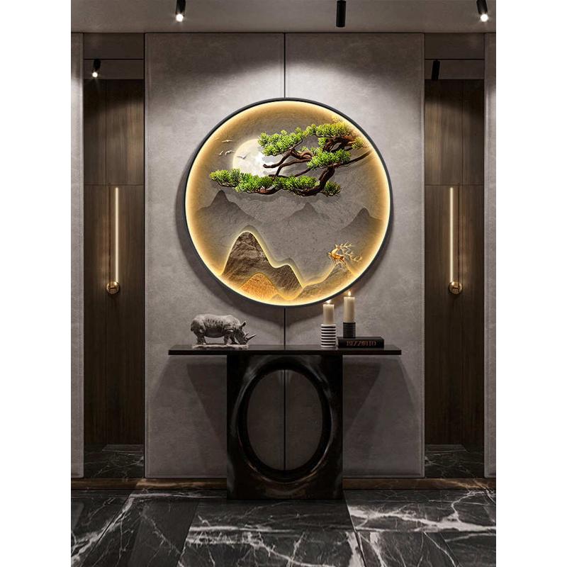 MNX2批发新中式入户玄关装饰画山水画圆形灯挂画轻奢走廊过道客厅