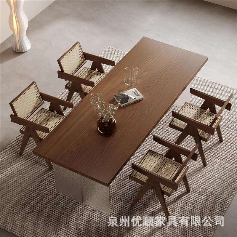 全实木餐桌家用简约现代客厅亚克力石头纹餐桌长条办公桌工作台