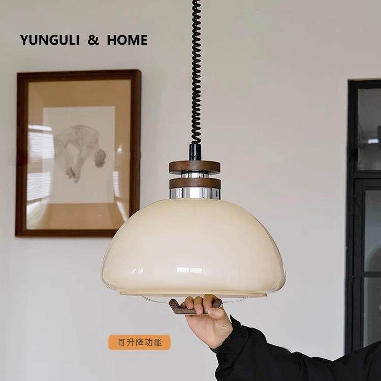 中古玻璃餐厅吊灯吃饭圆桌灯吧台复古实木可伸缩调节高度奶油风灯