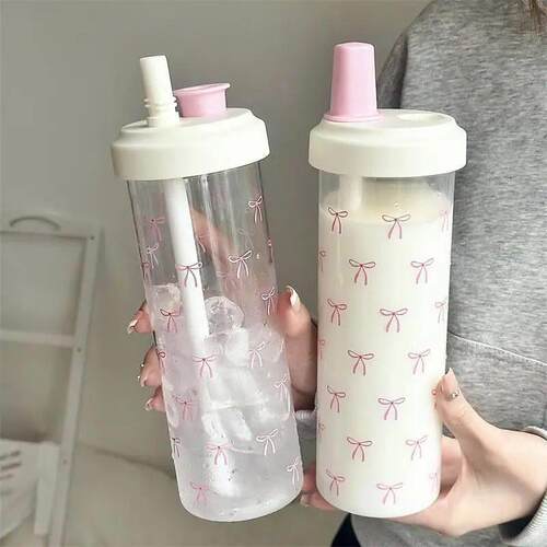 500/700ML Pink Bow Straw Water Bottle With Lid Cute Coffee B
