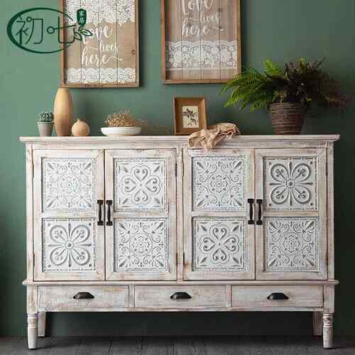 实木玄关柜美式古客厅储物做A36复业旧雕花民宿装饰l柜oft工风收