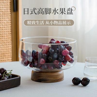 玻璃水果盘客厅茶几家用高颜值轻奢高档干果盘实木高脚日式简约碗