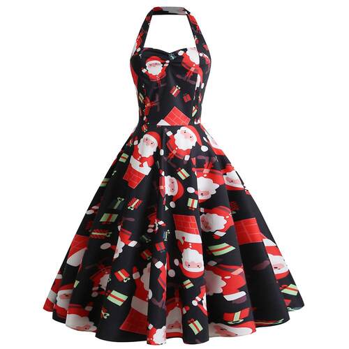 Dress, neck hanging, elderly printed dress, fluffy