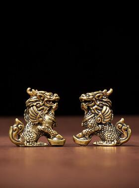 直销新款黄铜元宝麒麟摆件纯铜纳福瑞兽神兽山海镇镇宅桌面装饰金