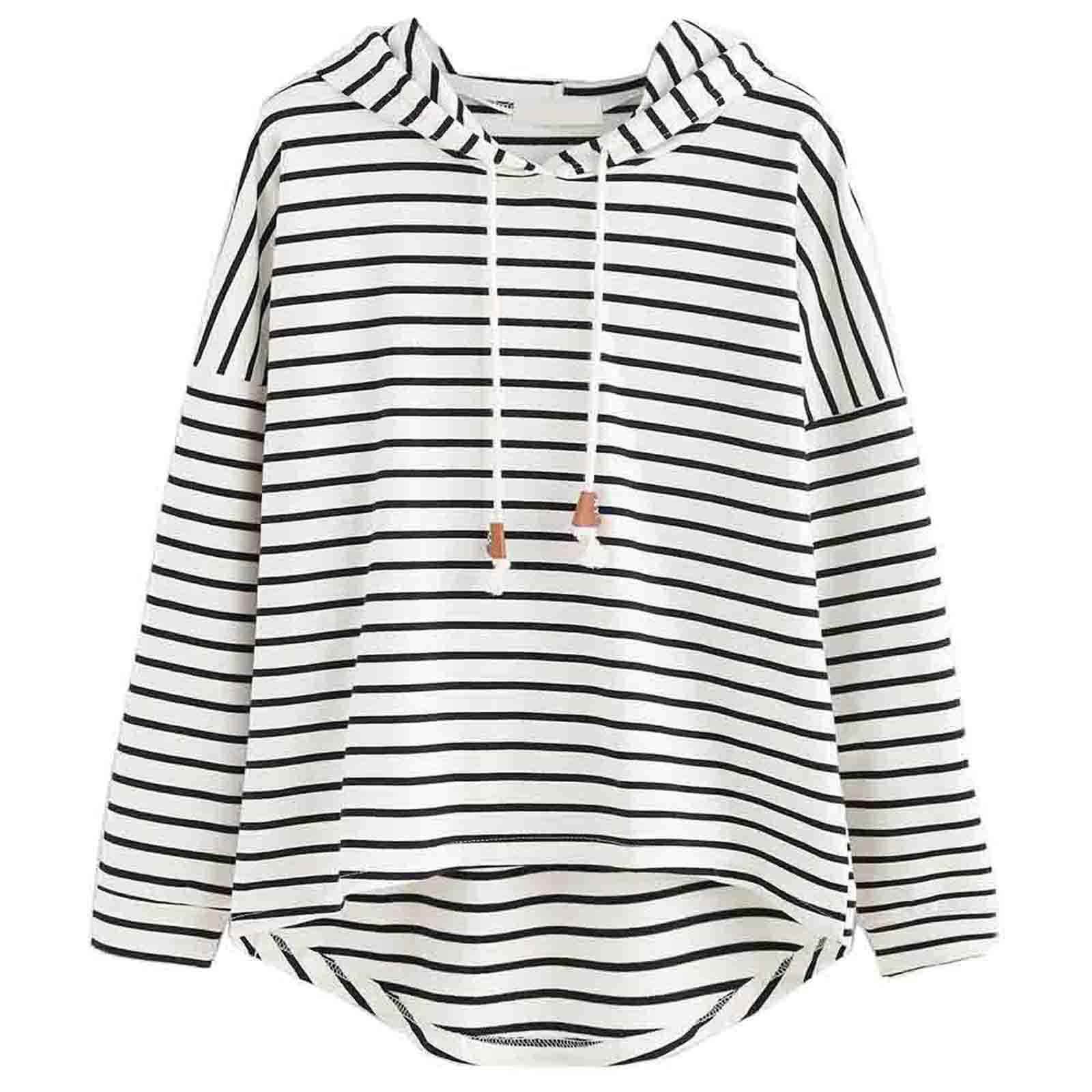 Black and white striped loose hooded sweatshirt knitted
