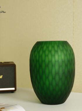 钻石星摆绿色玻璃花瓶手工刻摹鳞纹大口径插花21502器软装龙件花