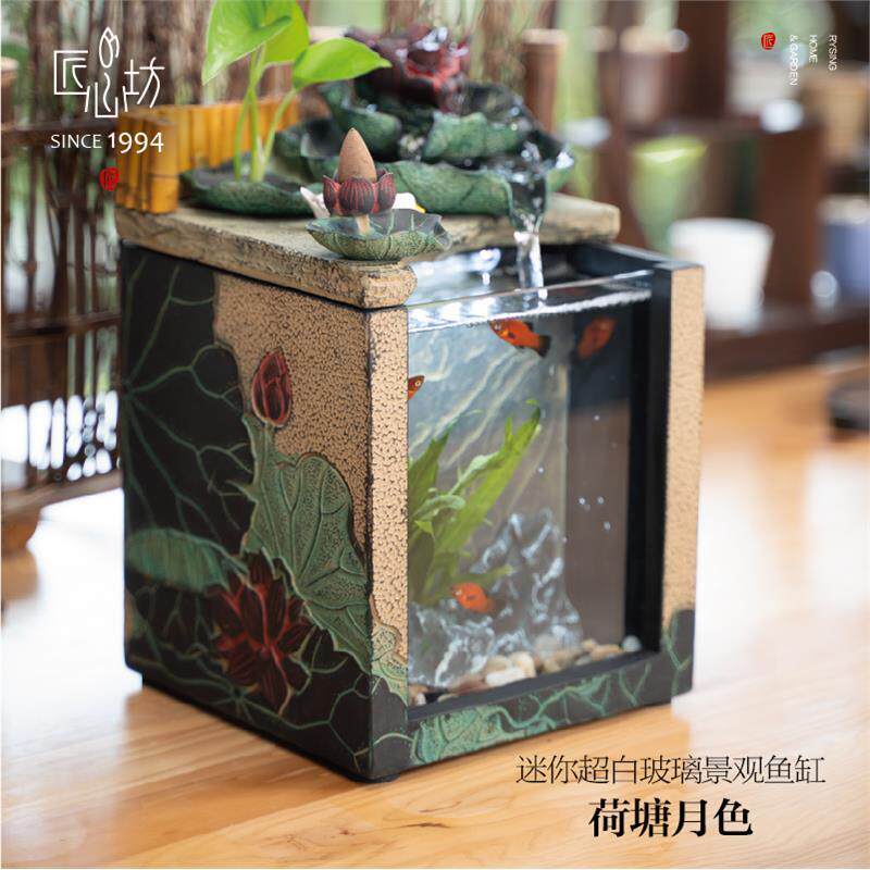 景观茶台小鱼缸造景办公桌流水摆件循环水办公室创意微景观
