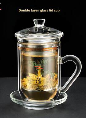 诺亚杯双层玻璃盖带柄杯家用水杯办公茶花茶杯大容量茶具杯