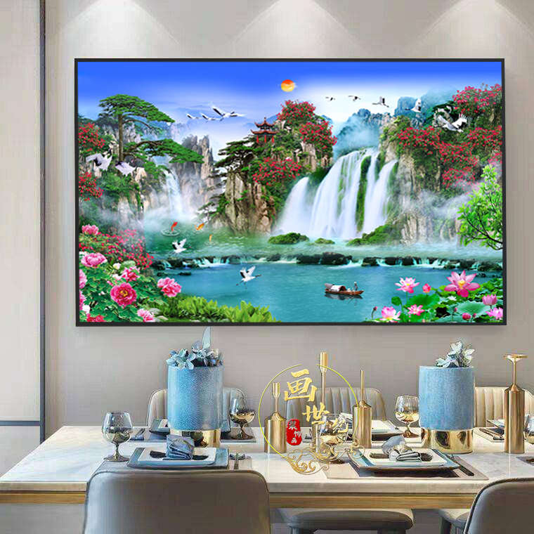 山水风景画客厅沙发背景墙挂画玄关过道餐厅单幅瀑布流水生财壁画