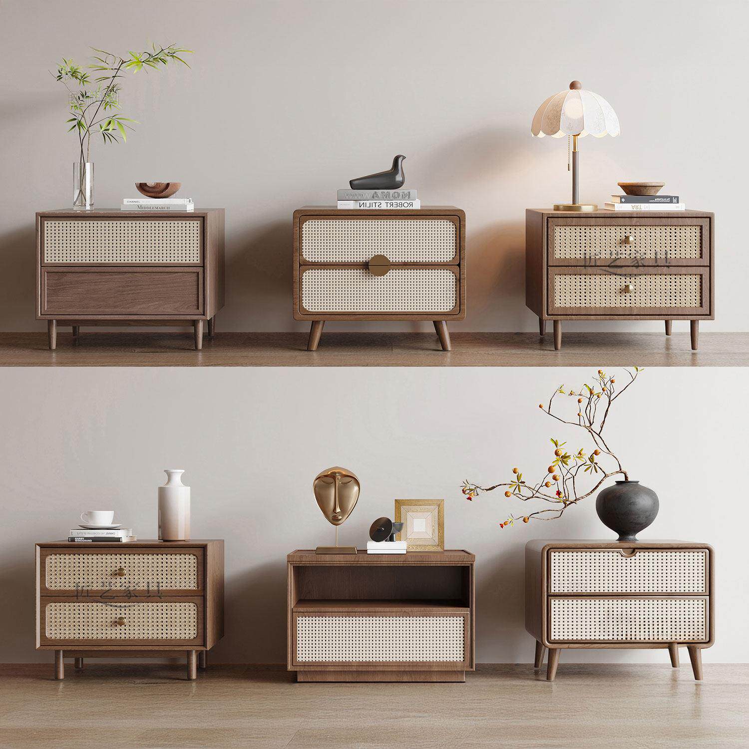 新中式实木床头柜卧室藤编边柜中古风宾馆矮柜侘寂收纳柜酒店角柜