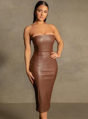 Mid length skirt, women's dress, strapless and split