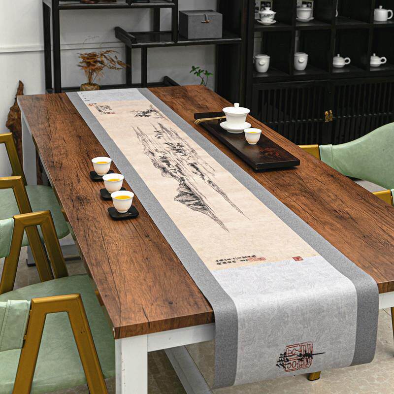 古画青云桌旗中国风防水茶席禅意复古茶旗茶台轻奢高端长条茶桌布