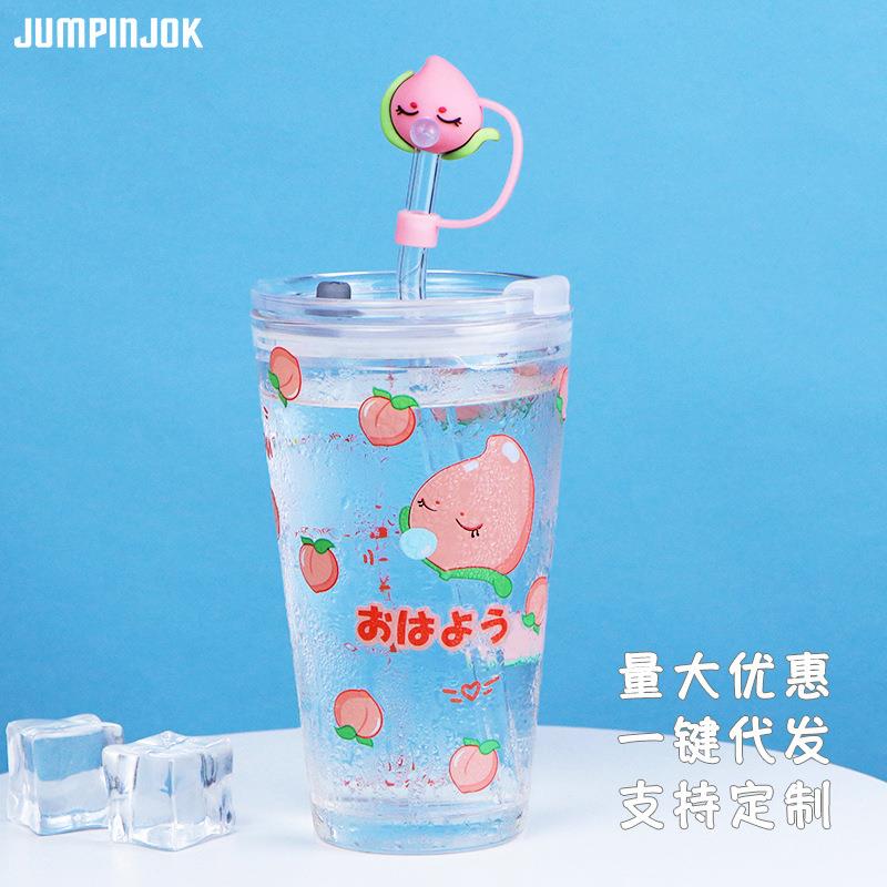 原创日系可爱泡泡蜜桃水杯子女家用带盖卡通玻璃杯夏季可定制