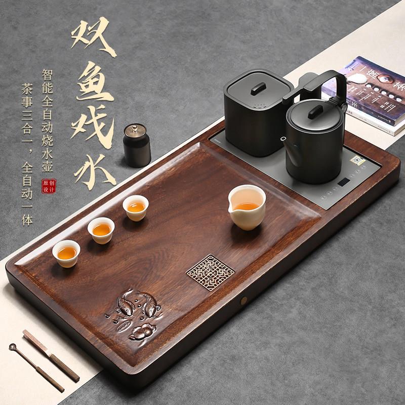 天然整块黑胡桃实木茶盘套装全自动烧水壶一体原木茶台简约办公室