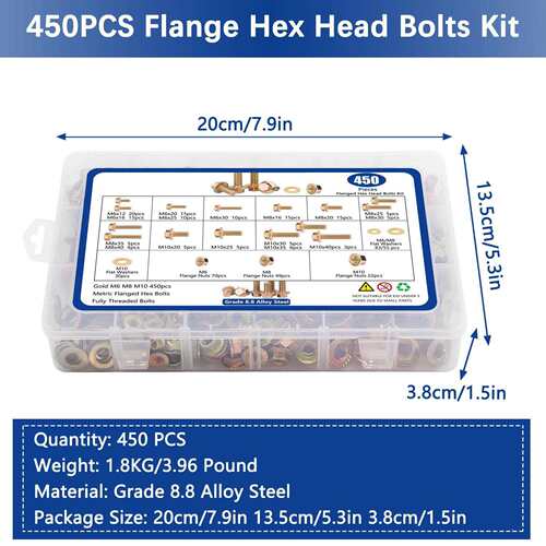 跨境热销450pcs彩锌高强度8.8级六角法兰面螺栓配平垫圈螺母套装