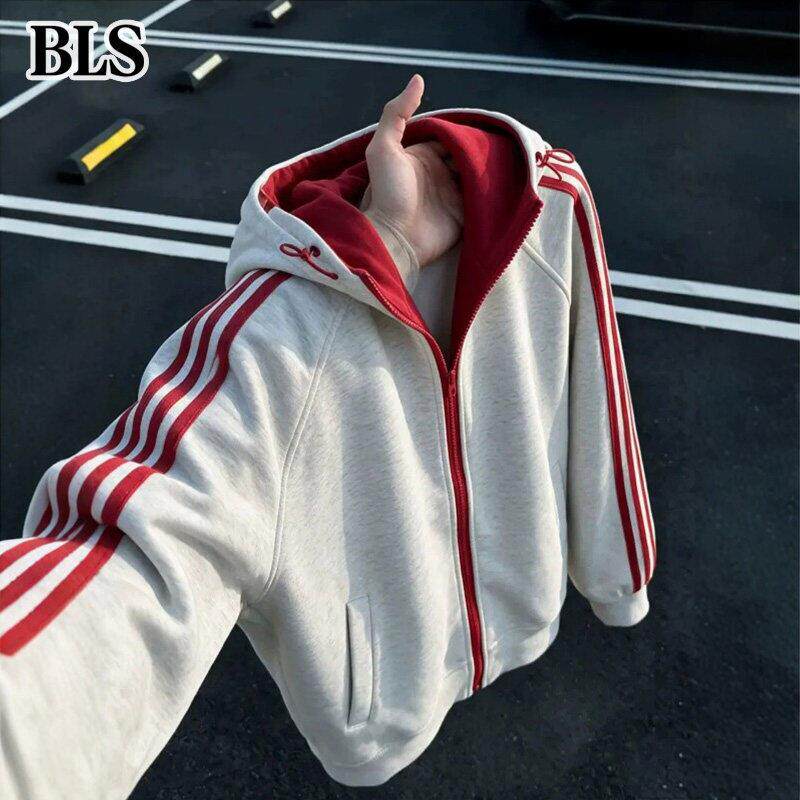 高端撞色条纹开衫卫衣男款秋冬2026新款学院风重磅短款连帽衫外套