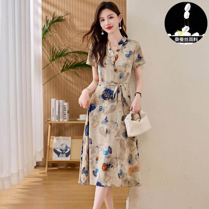 贵夫人杭州真丝洋装油画 画风印花高腰系带显瘦新颖别致妈妈裙子