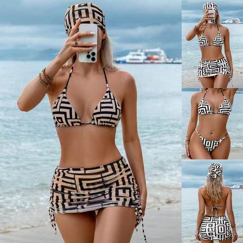 Printed bikini quarter swimsuit women's lace up