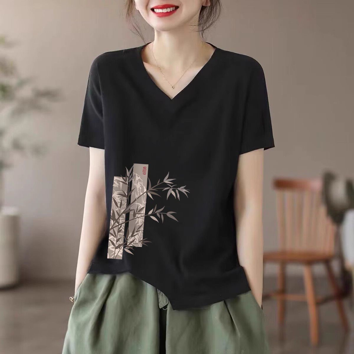 纯棉短袖t恤女士夏季薄款2025新款宽松显瘦不规则V领半袖T恤上衣