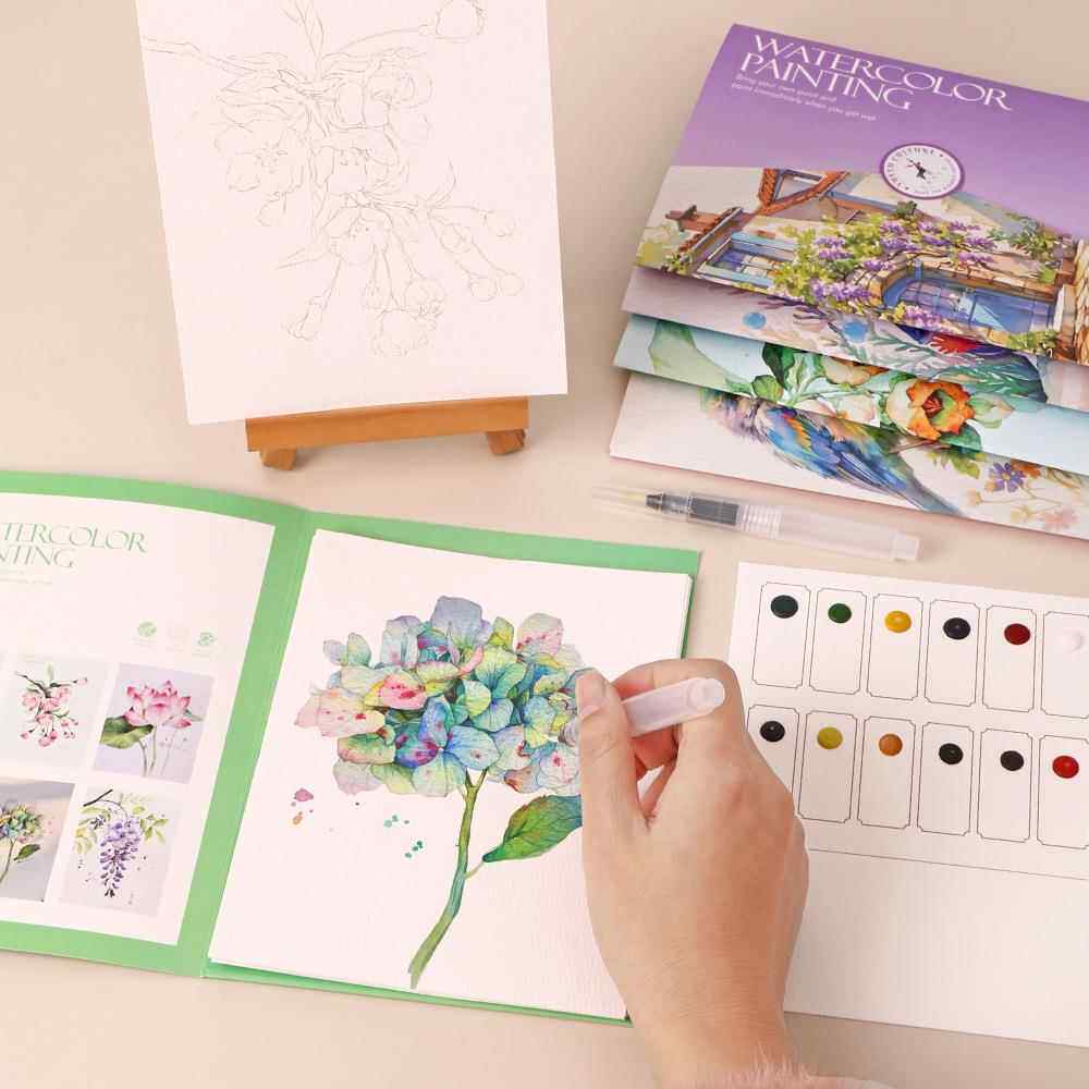 新手创意水彩画线稿涂色本自带固体水彩颜料儿童解压涂鸦绘画本