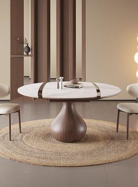 复古实木伸缩餐桌古风岩板家用现代简约小户型折叠两用圆桌饭桌子