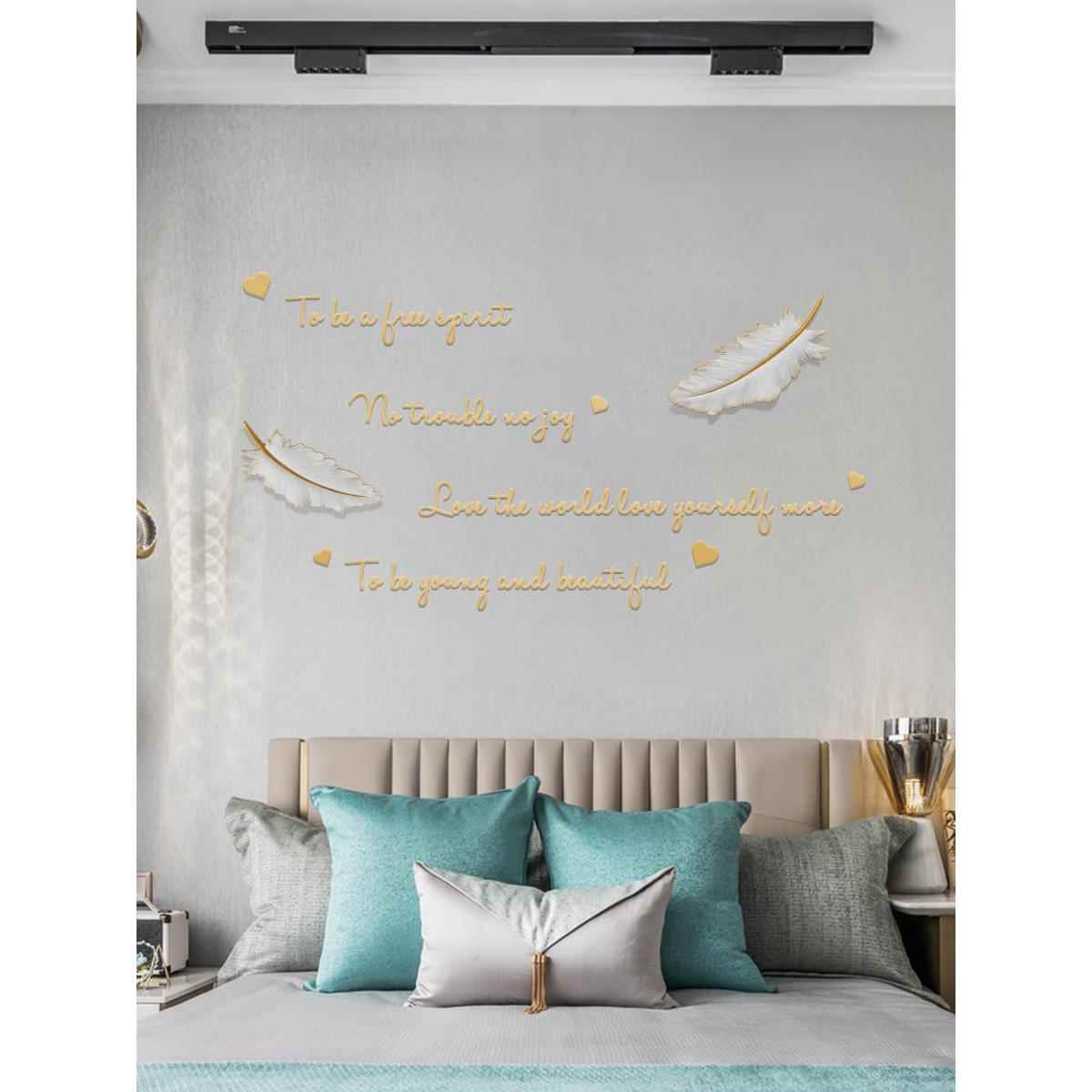 现代轻奢个UPR性艺羽毛墙间面装饰挂件头房卧室床术背景英文字母