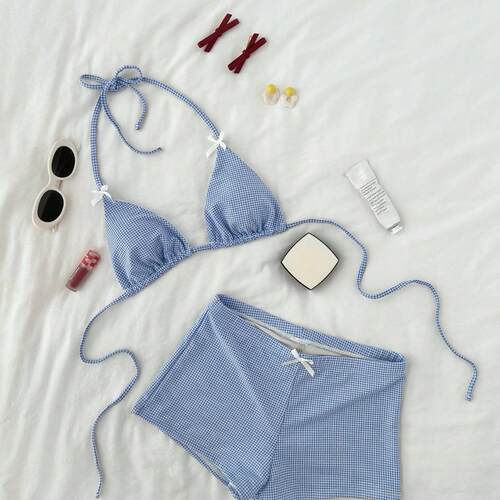 Sweet Girl Blue Plaid Halter Triangle Bikini Set Fitted