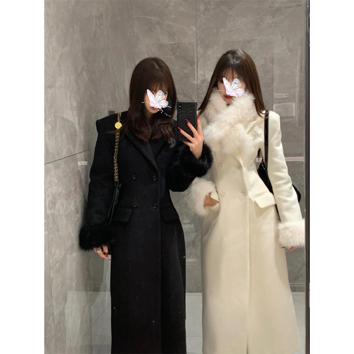 可拆卸狐狸毛领呢子大衣女2024冬季加厚收腰显瘦毛呢外套名媛气质