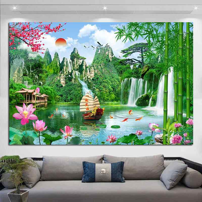 青山绿水迎客松流水生财装饰画荷花竹子墙贴壁画九鱼图招财自粘画