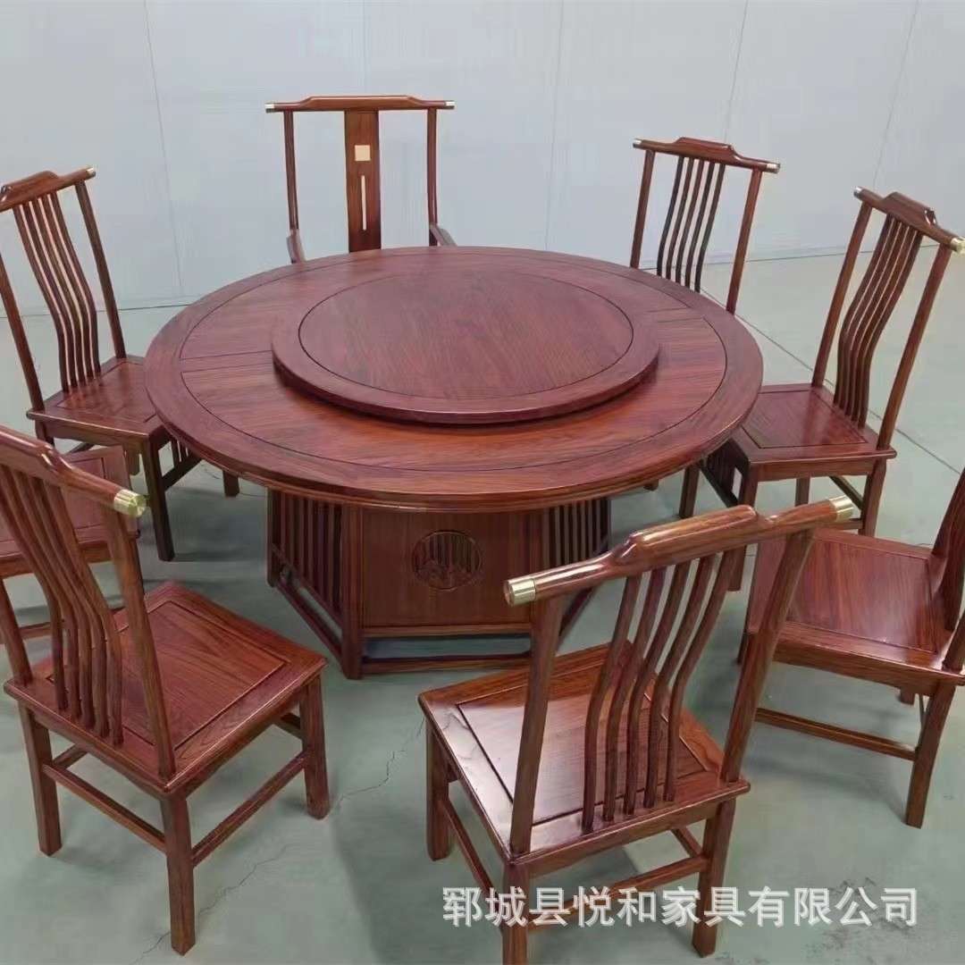 新中式老榆木茶桌仿古实木圆餐桌大圆桌饭桌椅组合实木酒店大圆桌