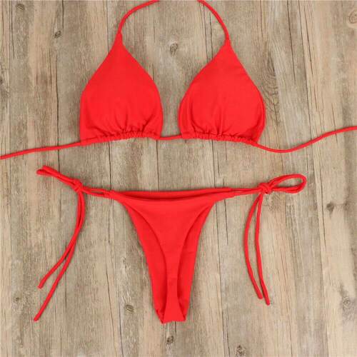 Solid color lace up split bikini women纯色系带分体式比基尼女