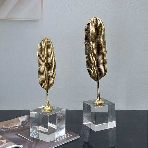 意式轻奢金属叶子摆件装饰品办公室书房书柜水晶工艺品软装饰摆设