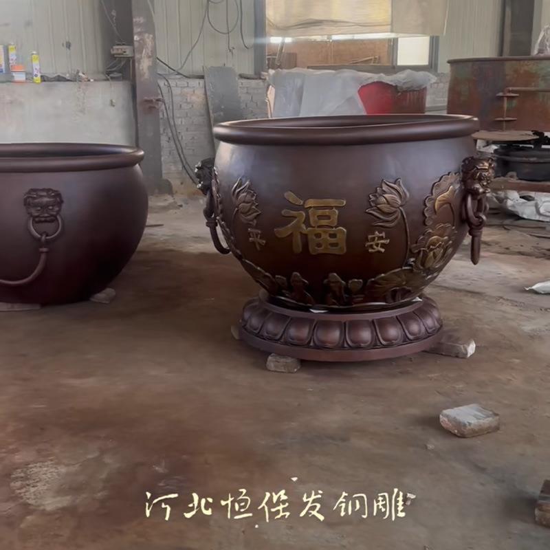 纯铜缸雕塑户外景观广场狮头缸荷花缸鱼缸大型铸铜风水缸摆件