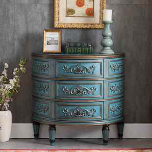 欧式 乡关村三斗854柜实木弧形玄柜抽屉收纳绘 床半圆玄关台彩美式