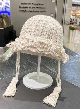 帽子手工钩织复古花朵流苏辫子毛线帽女秋冬保暖百搭针织包1013d