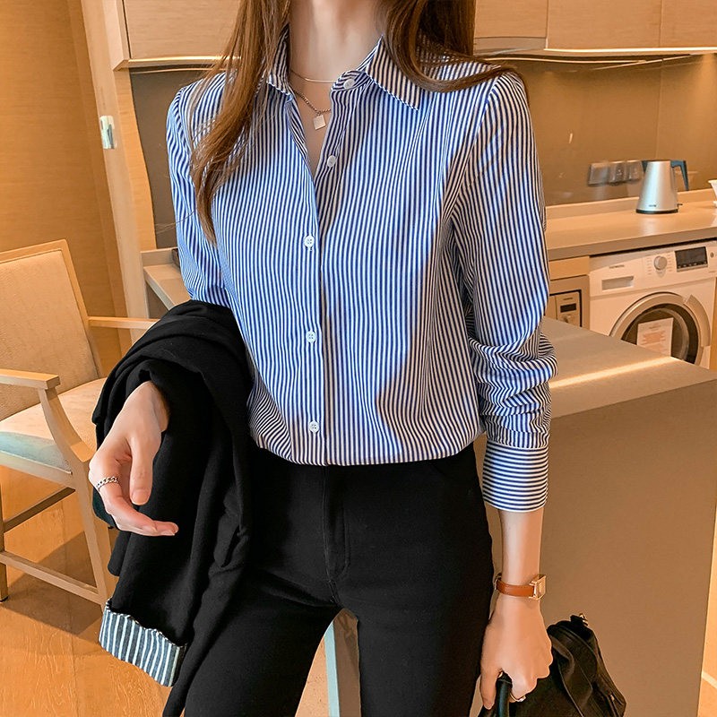 欧洲站条纹衬衫女设计感小众竖条纹上班服2025年新款秋冬加绒上衣