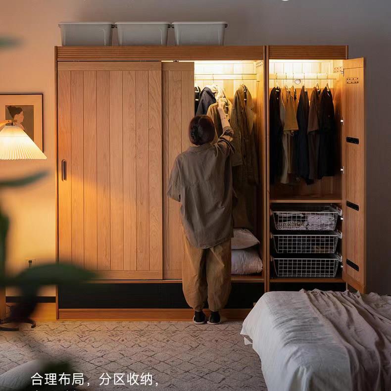 北欧樱桃木衣柜拉门收纳柜家用卧室可移拉门实木结实耐用衣橱